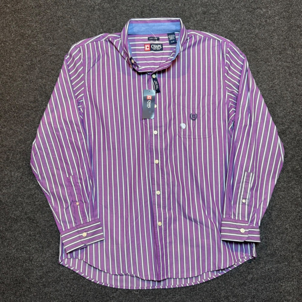 Chaps Mens Easy Care Button Down Shirt Deep Plum Striped Long Sleeve L XL